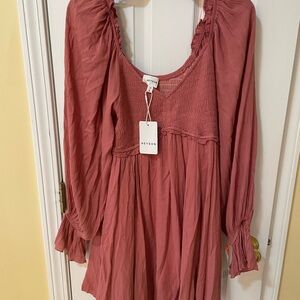 Heyson Dusty Rose Smocked Babydoll Dress L Long Sleeve Boho